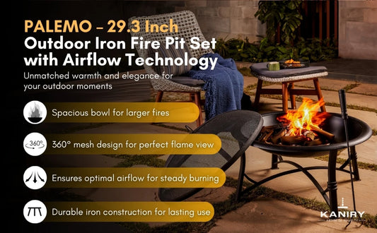 PALEMO - 29.3 Inch Outdoor Iron Fire Pit Set with Airflow technology