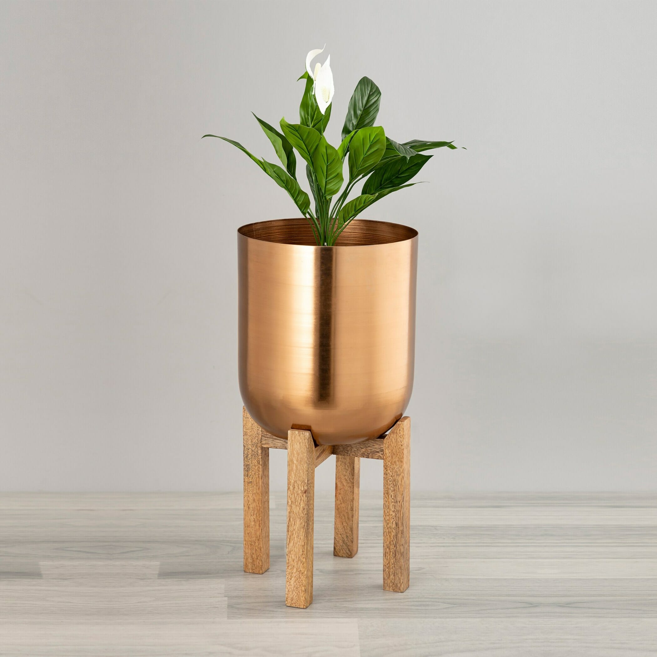 copper plant pot stand Wood Stand With Copper Planter – Kaniry Home Decor