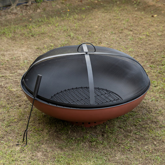 31.75 Inch Black Fuego Metal Round Firepit With Mesh Guard
