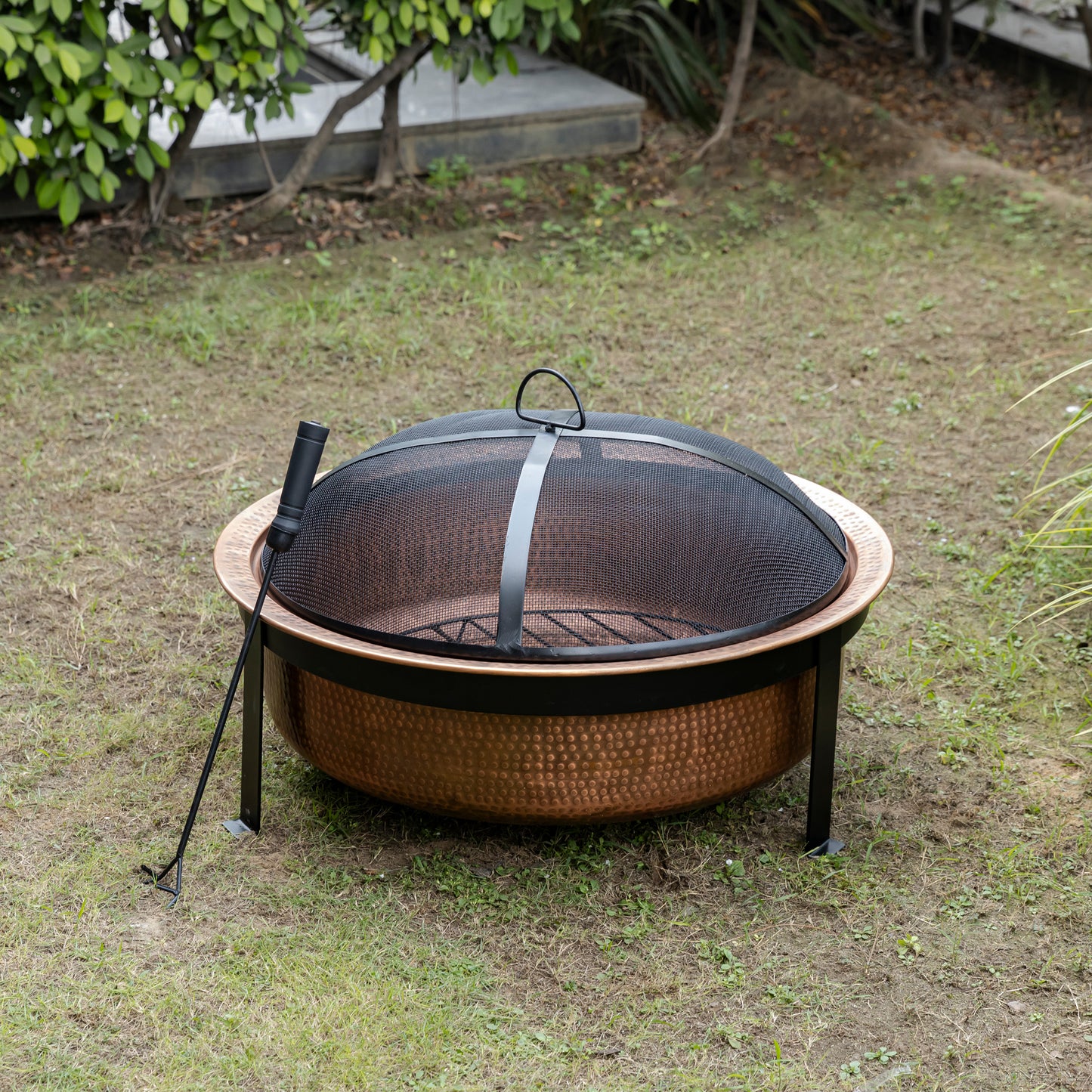 29.5 Inch Copper Fuoco Metal Kansa Large Outdoor Firepit With Mesh Guard