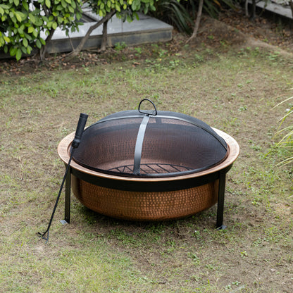 29.5 Inch Copper Fuoco Metal Kansa Large Outdoor Firepit With Mesh Guard