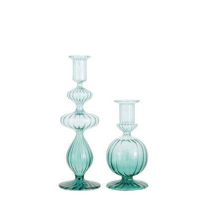 Verde Ripple Glass Candle Holder - Set of 2