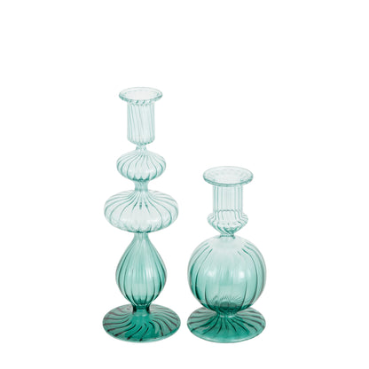 Verde Ripple Glass Candle Holder - Set of 2