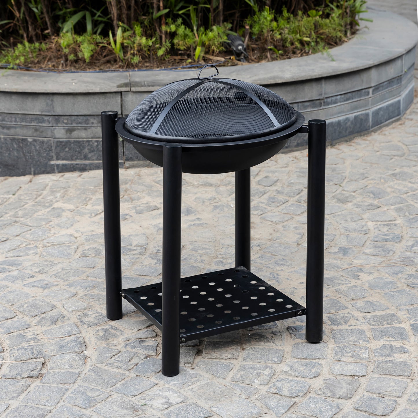 19.75 Inch Black Agio Metal Firepit with Stand and Mesh Guard