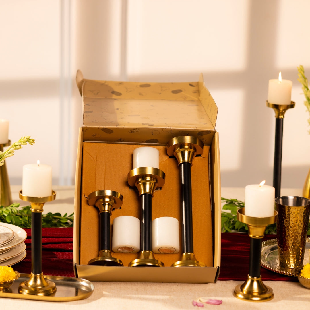 Black & Gold Candle Holders- Set Of 3