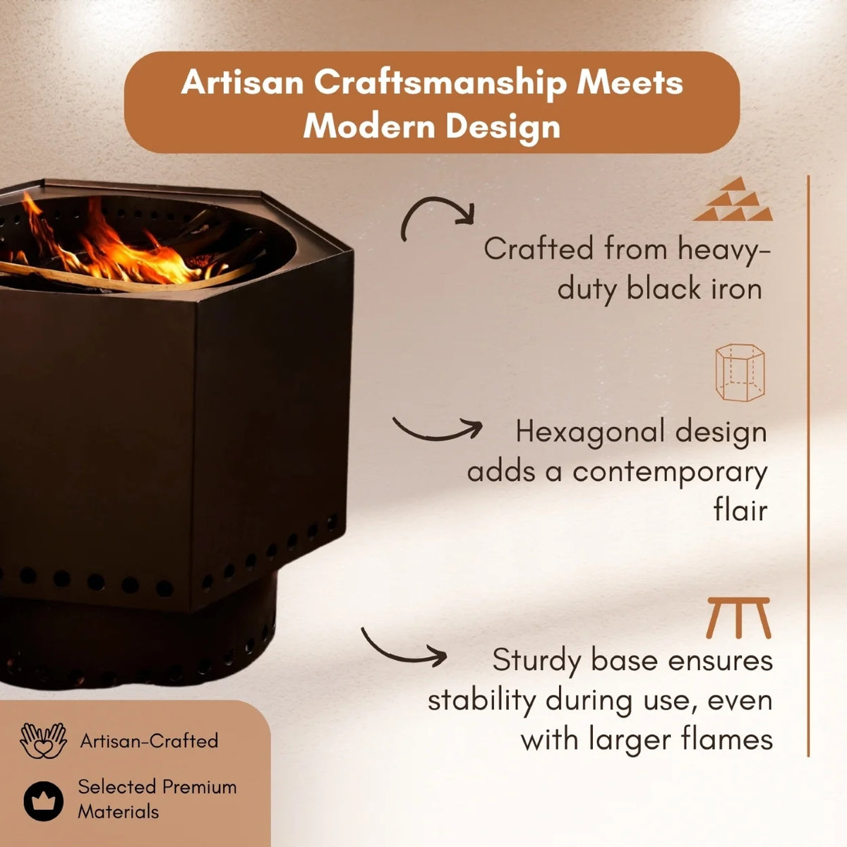 20.5 Inch Black Iron Salvo Smoke-less Hexagonal Firepit