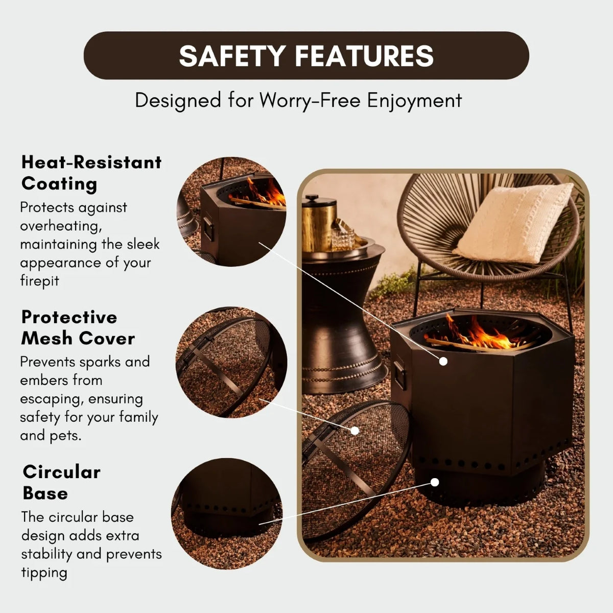 20.5 Inch Black Iron Salvo Smoke-less Hexagonal Firepit