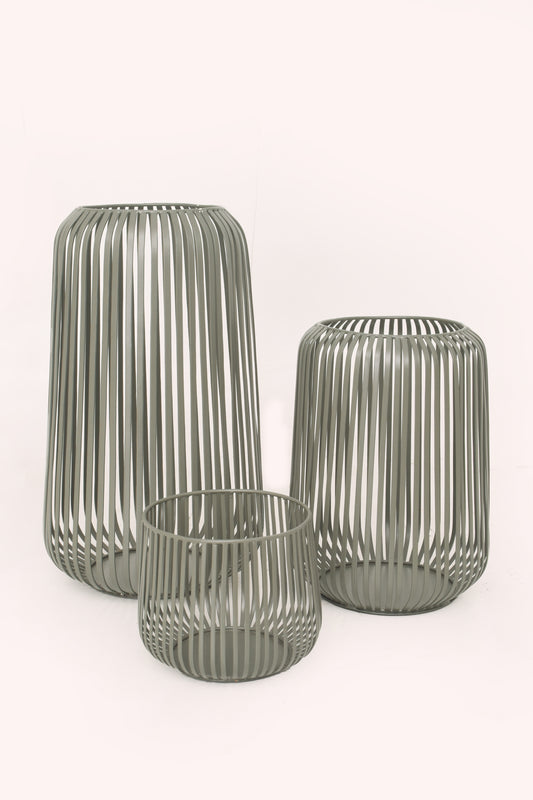 LINEAR MESH OLIVE METAL LANTERNS - Set of 3