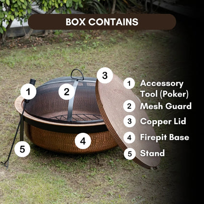 29.5 Inch Copper Fuoco Metal Kansa Large Outdoor Firepit With Mesh Guard