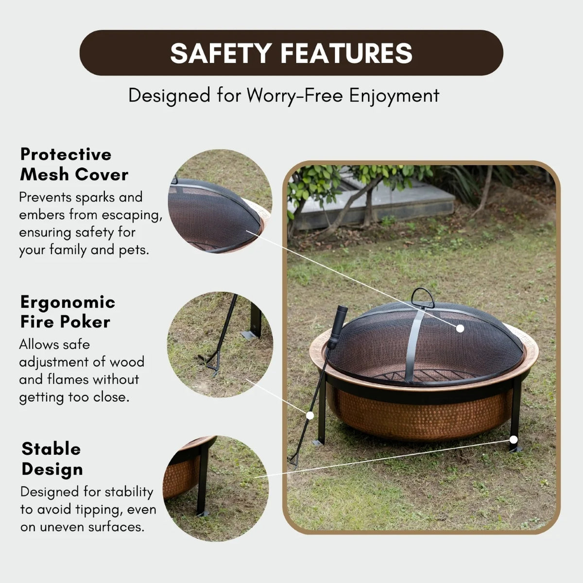 29.5 Inch Copper Fuoco Metal Kansa Large Outdoor Firepit With Mesh Guard