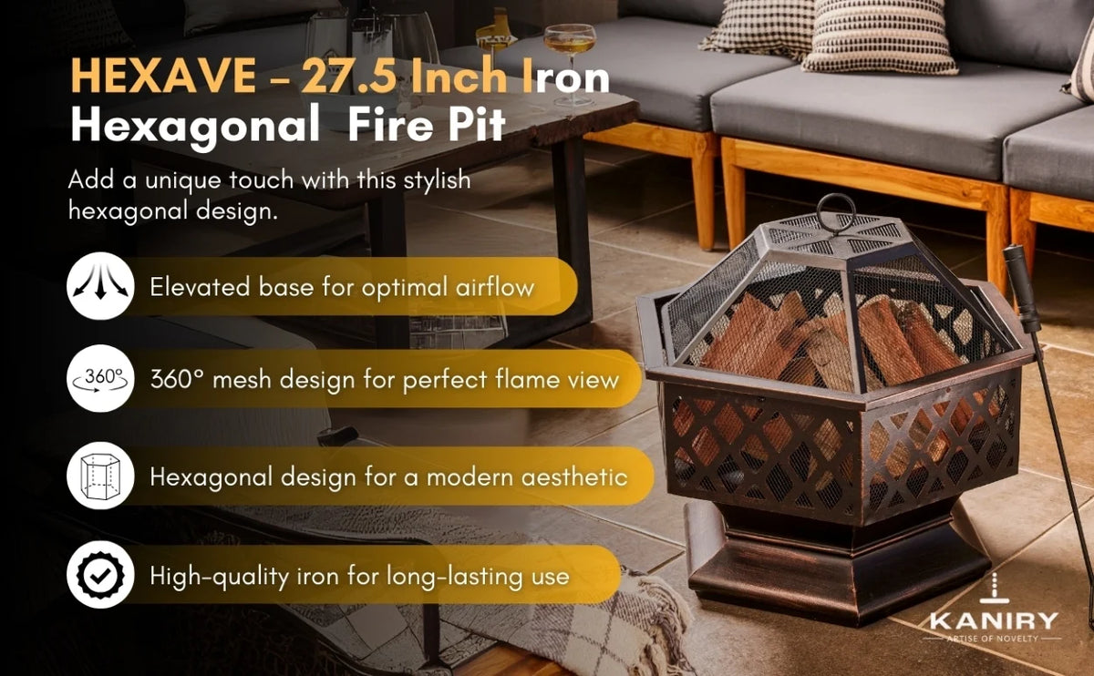 HEXAVE - 27.5 Inch Wrought Iron Hexagonal Fire Pit