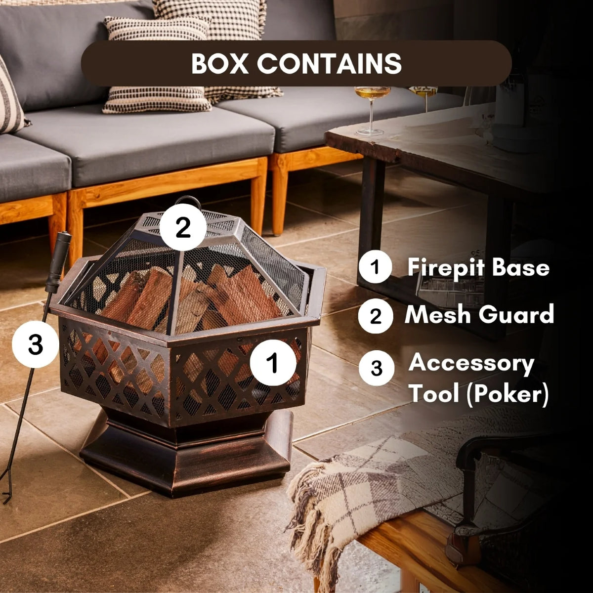 HEXAVE - 27.5 Inch Wrought Iron Hexagonal Fire Pit