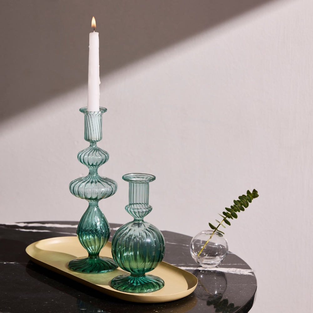 Verde Ripple Glass Candle Holder - Set of 2