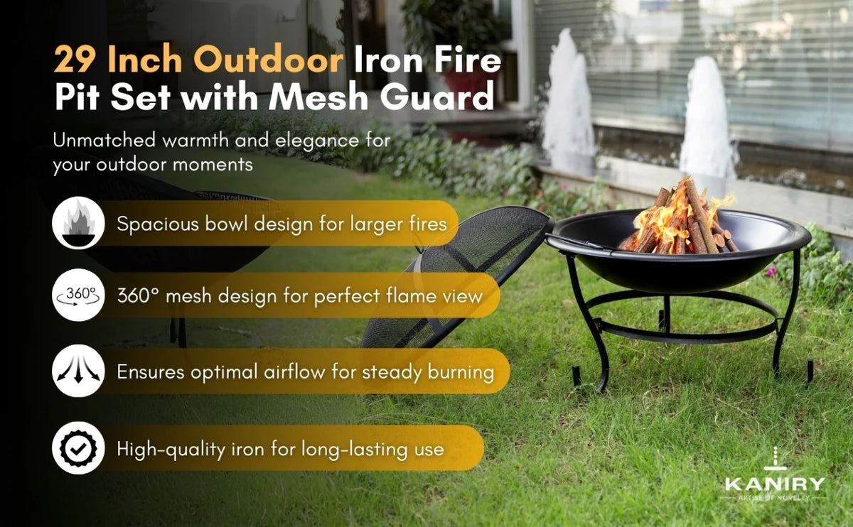 29 Inch Outdoor Iron Fire Pit Set with Mesh Guard