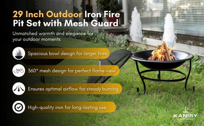 29 Inch Outdoor Iron Fire Pit Set with Mesh Guard