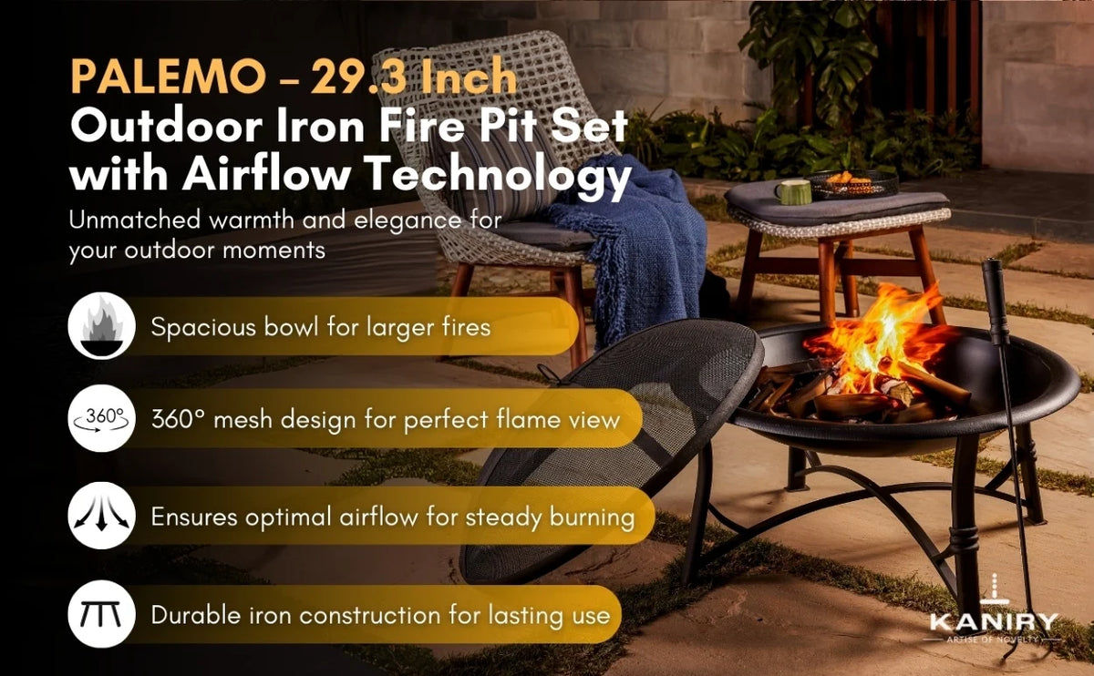 PALEMO - 29.3 Inch Outdoor Iron Fire Pit Set with Airflow technology