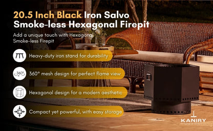 20.5 Inch Black Iron Salvo Smoke-less Hexagonal Firepit