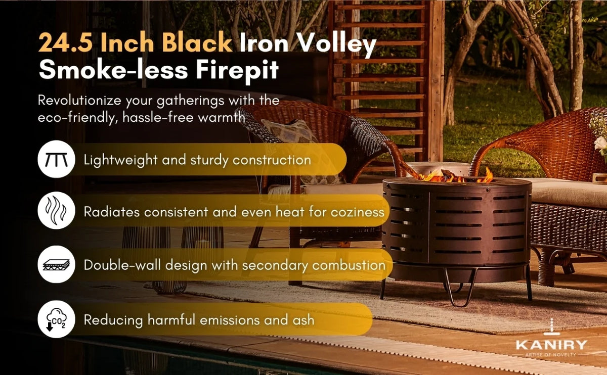 24.5 Inch Black Iron Volley Smoke-less Firepit