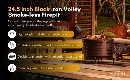 24.5 Inch Black Iron Volley Smoke-less Firepit