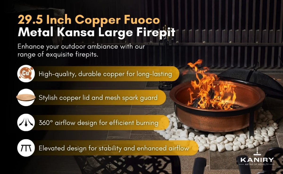 29.5 Inch Copper Fuoco Metal Kansa Large Outdoor Firepit With Mesh Guard