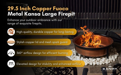29.5 Inch Copper Fuoco Metal Kansa Large Outdoor Firepit With Mesh Guard